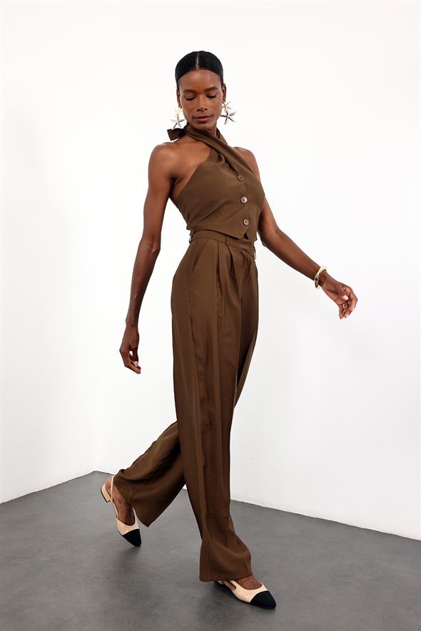 Kahverengi Dökümlü Tencel Takım 5454