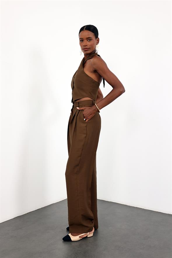 Kahverengi Dökümlü Tencel Takım 5454