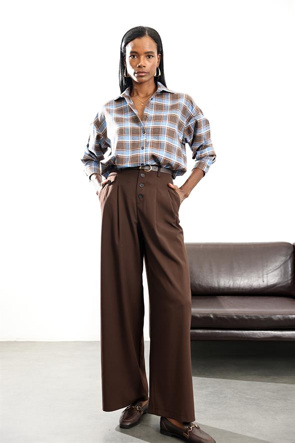 Kahverengi Düğme Detaylı Maskülen Pantolon 1593