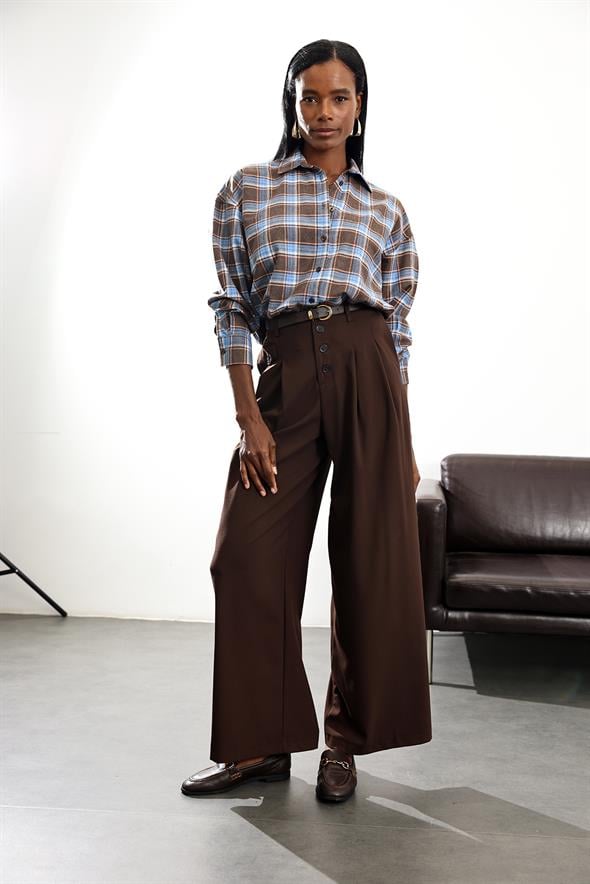 Kahverengi Düğme Detaylı Maskülen Pantolon 1593