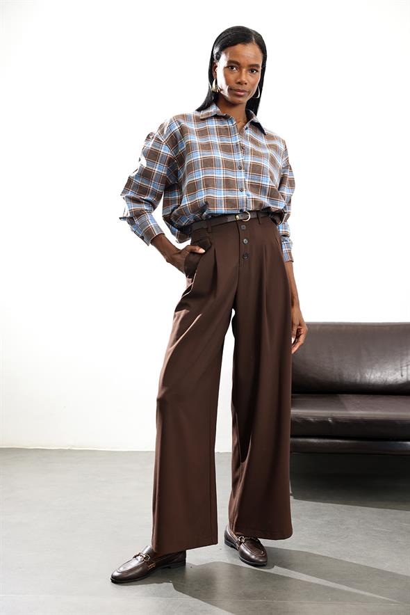 Kahverengi Düğme Detaylı Maskülen Pantolon 1593