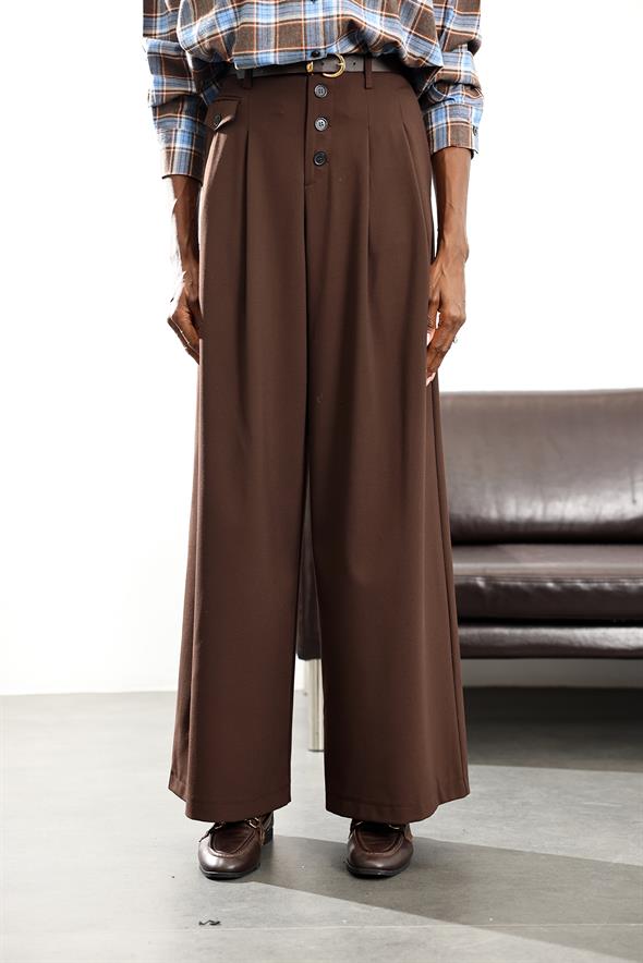 Kahverengi Düğme Detaylı Maskülen Pantolon 1593