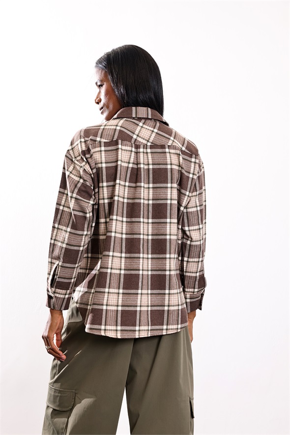 Kahverengi Ekose Desen Oversize Gömlek 6648