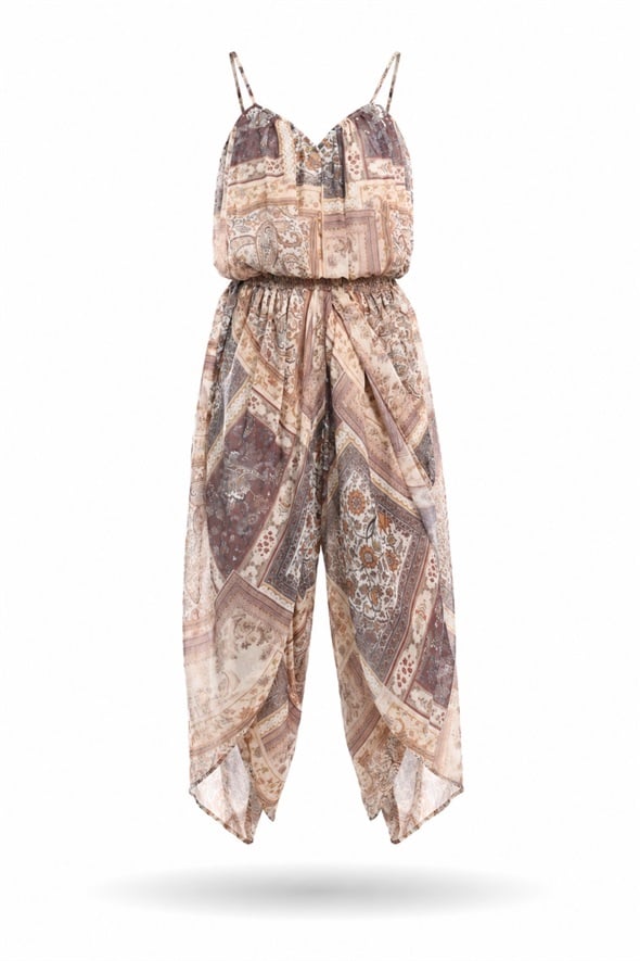 Kahverengi Etnik Desenli Bluz Pantolon Takım 51409