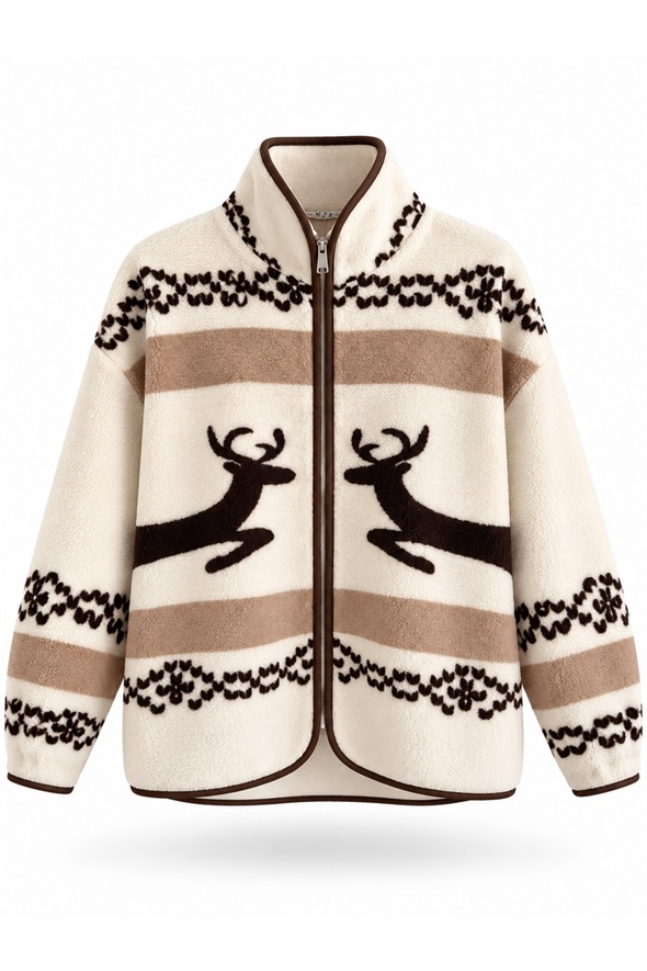 Kahverengi Geyik Desenli Polar Ceket 22860