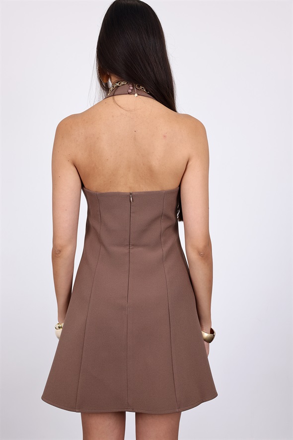 Kahverengi Halter Yaka Mini Elbise 12340