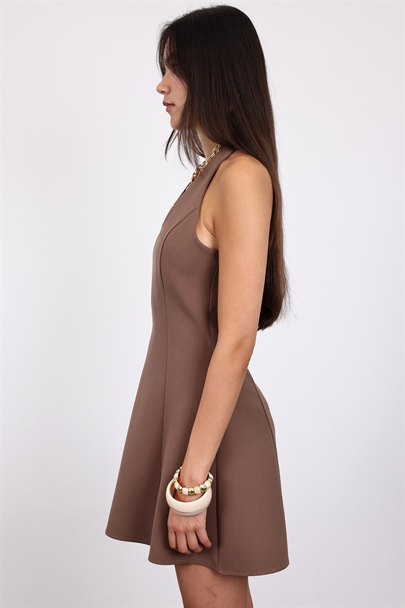 Kahverengi Halter Yaka Mini Elbise 12340