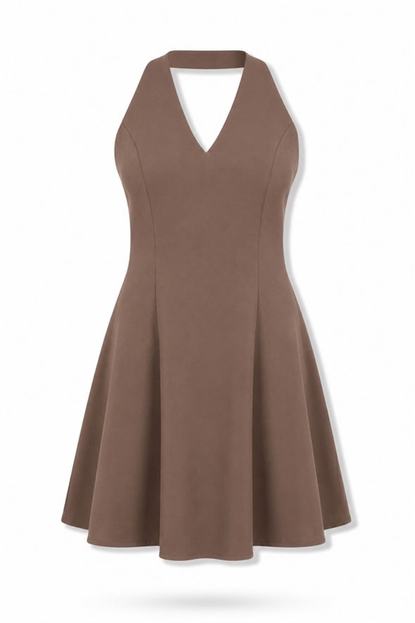 Kahverengi Halter Yaka Mini Elbise 12340