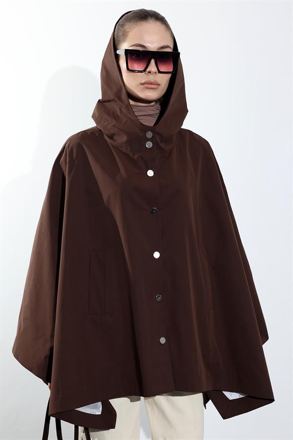 Kahverengi Kapüşonlu Düğmeli Panço 87145