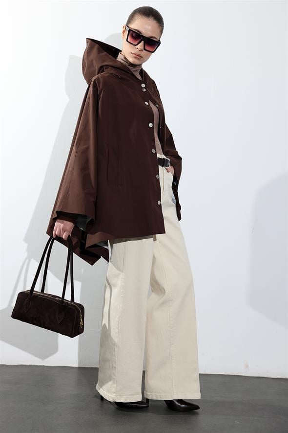 Kahverengi Kapüşonlu Düğmeli Panço 87145