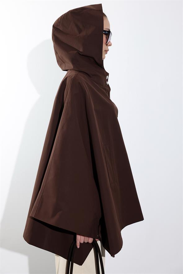 Kahverengi Kapüşonlu Düğmeli Panço 87145