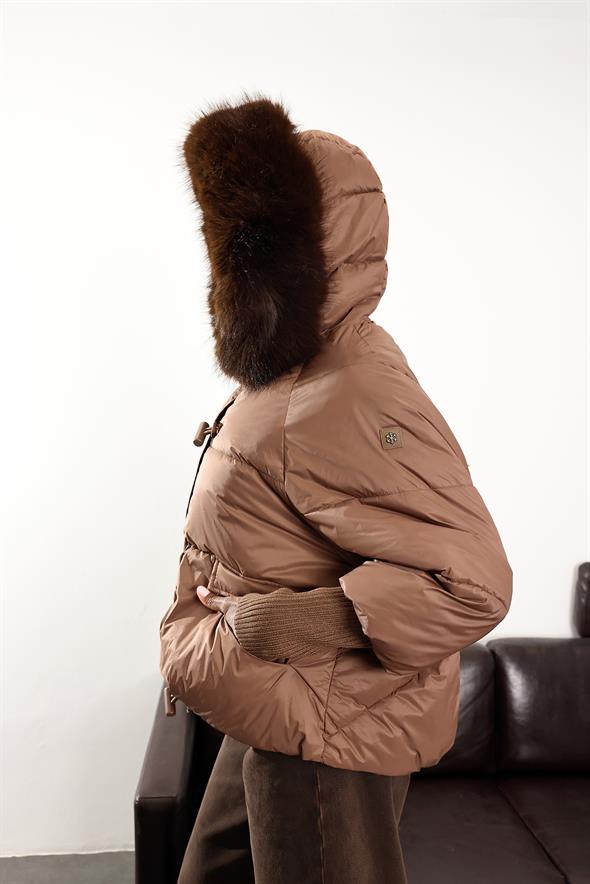 Kahverengi Kapüşonlu Şişme Mont D99825