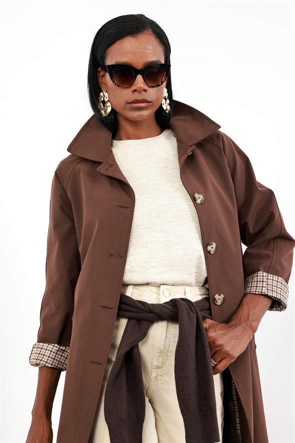 Kahverengi Kazayağı Astarlı Trençkot 0320