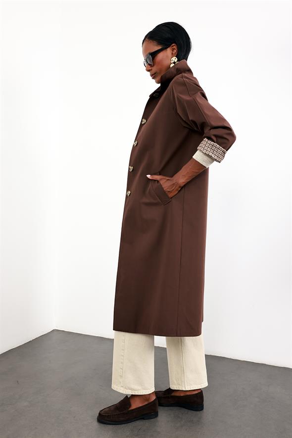 Kahverengi Kazayağı Astarlı Trençkot 0320