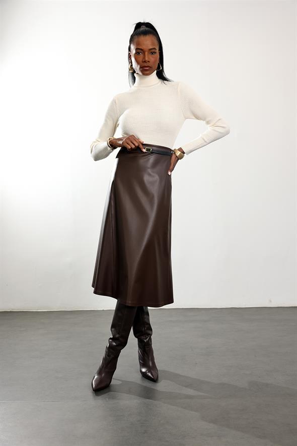 Kahverengi Kemerli Deri Midi Etek 221