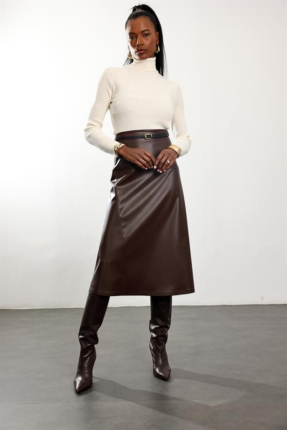 Kahverengi Kemerli Deri Midi Etek 221