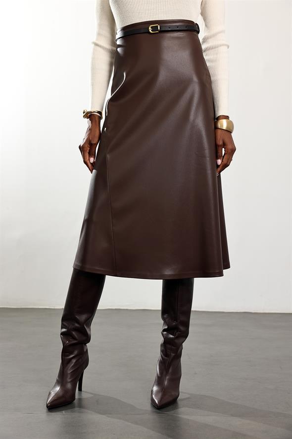Kahverengi Kemerli Deri Midi Etek 221
