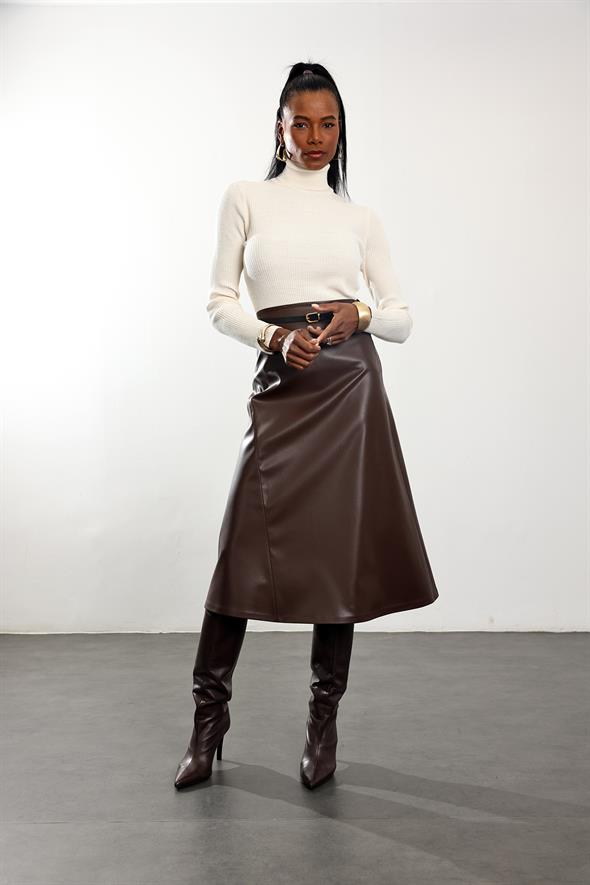 Kahverengi Kemerli Deri Midi Etek 221