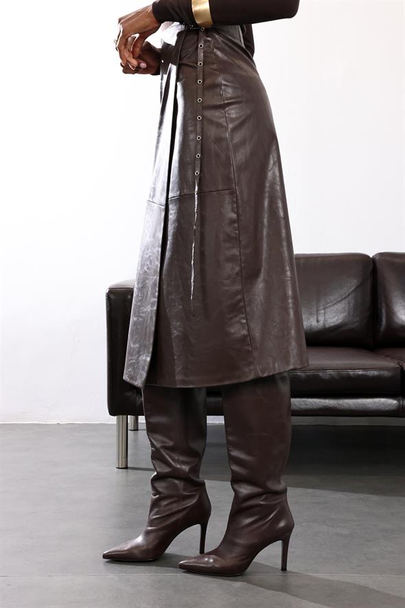 Kahverengi Kemerli Deri Midi Etek 222