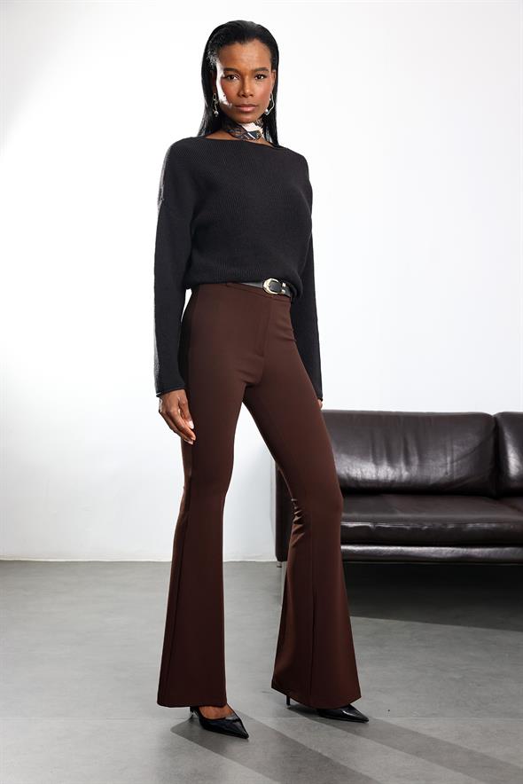 Kahverengi Kemerli Likralı İspanyol Kumaş Pantolon 2076