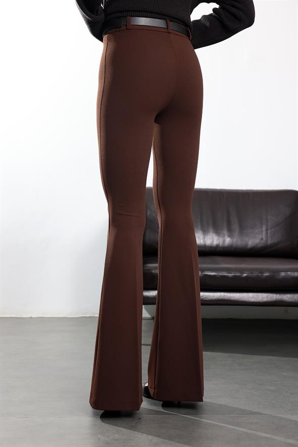 Kahverengi Kemerli Likralı İspanyol Kumaş Pantolon 2076