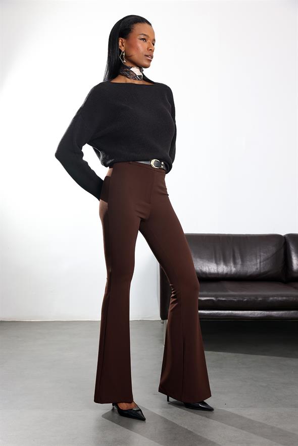 Kahverengi Kemerli Likralı İspanyol Kumaş Pantolon 2076