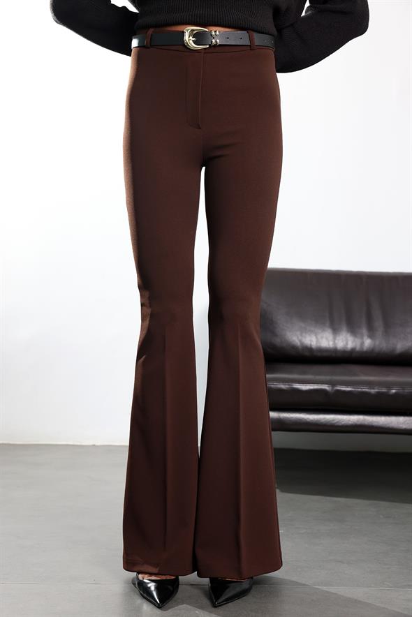 Kahverengi Kemerli Likralı İspanyol Kumaş Pantolon 2076