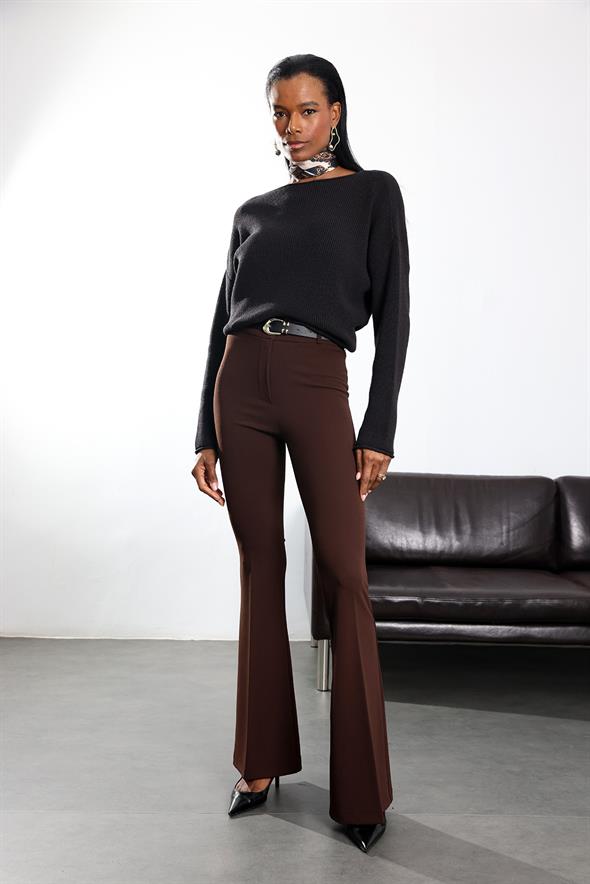 Kahverengi Kemerli Likralı İspanyol Kumaş Pantolon 2076