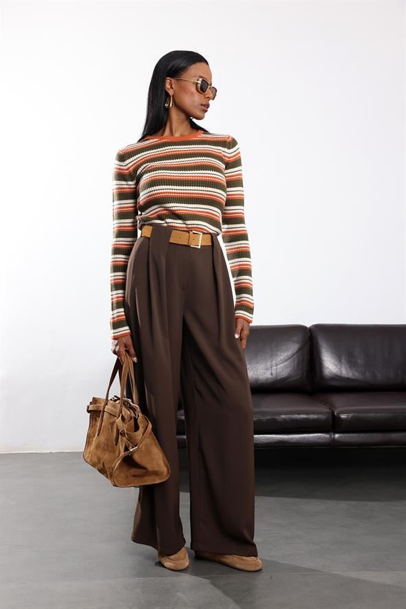 Kahverengi Kemerli Palazzo Kumaş Pantolon 3855