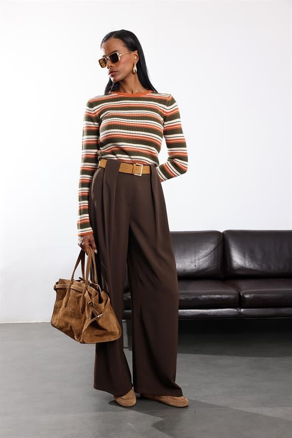 Kahverengi Kemerli Palazzo Kumaş Pantolon 3855