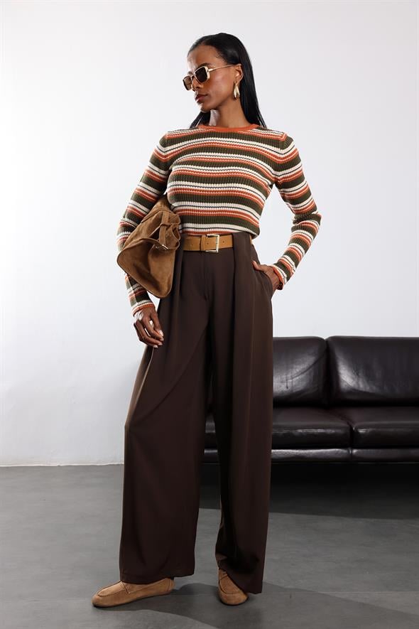 Kahverengi Kemerli Palazzo Kumaş Pantolon 3855