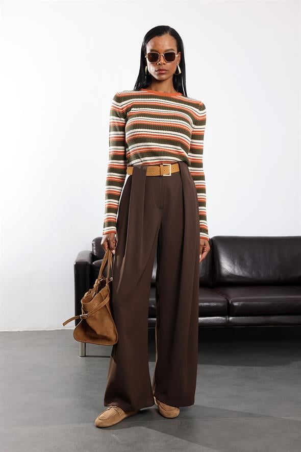 Kahverengi Kemerli Palazzo Kumaş Pantolon 3855