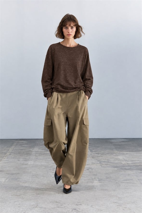 Kahverengi Kendinden Dokulu Oversize Bluz 27377