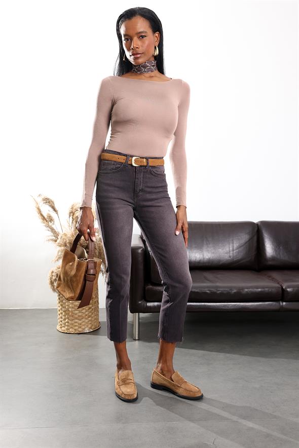 Kahverengi Kesik Paça Boyfit Jean 