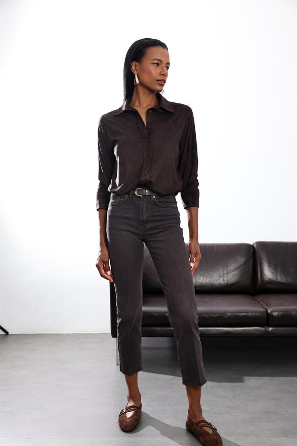 Kahverengi Kesik Paça Boyfit Jean 