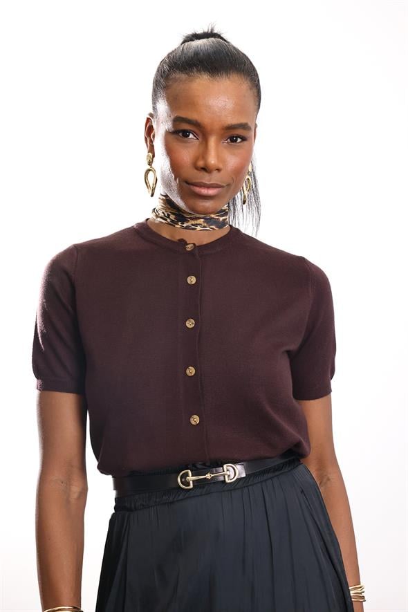 Kahverengi Kısa Kollu Triko Hırka 