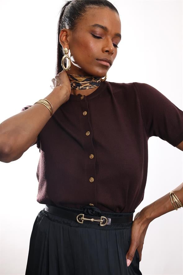 Kahverengi Kısa Kollu Triko Hırka 