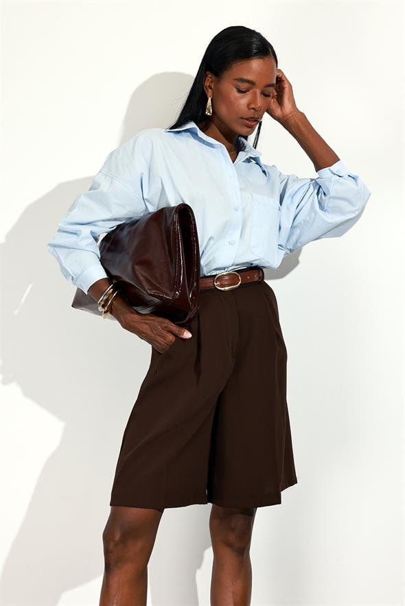 Kahverengi Krep Bermuda Şort 1593