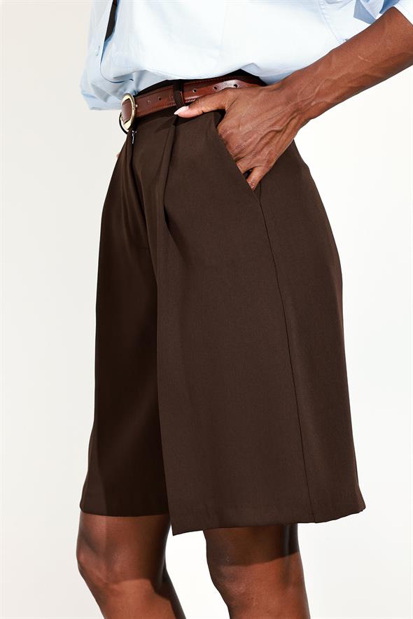 Kahverengi Krep Bermuda Şort 1593