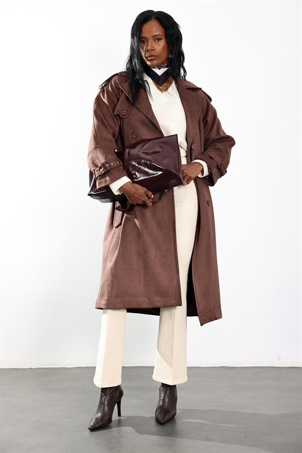 Kahverengi Kruvaze Yaka Süet Kaban 9608