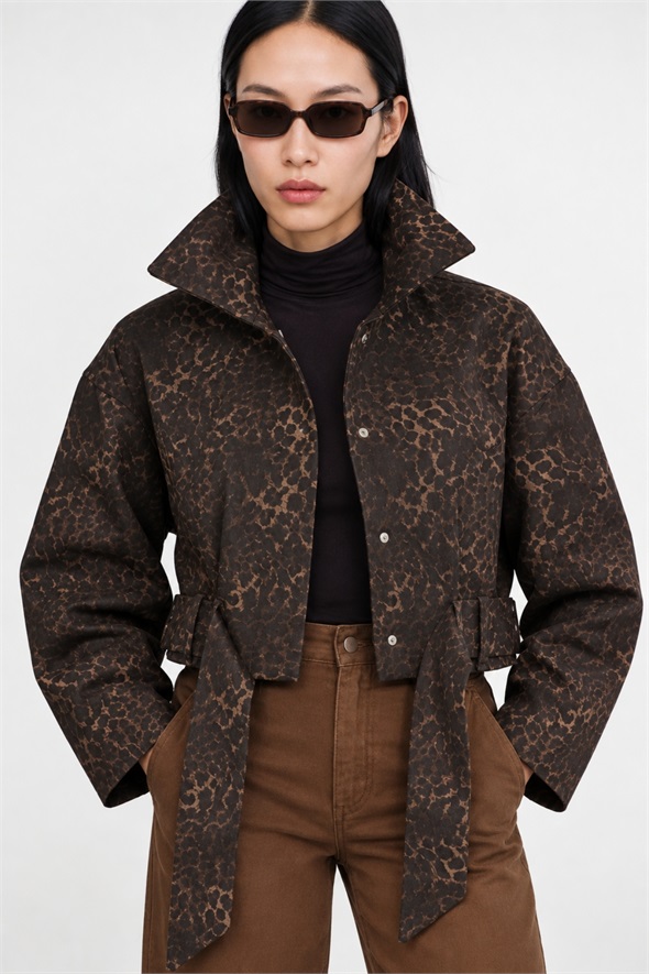 Kahverengi Kuşaklı Leopar Desen Gabardin Ceket 1436