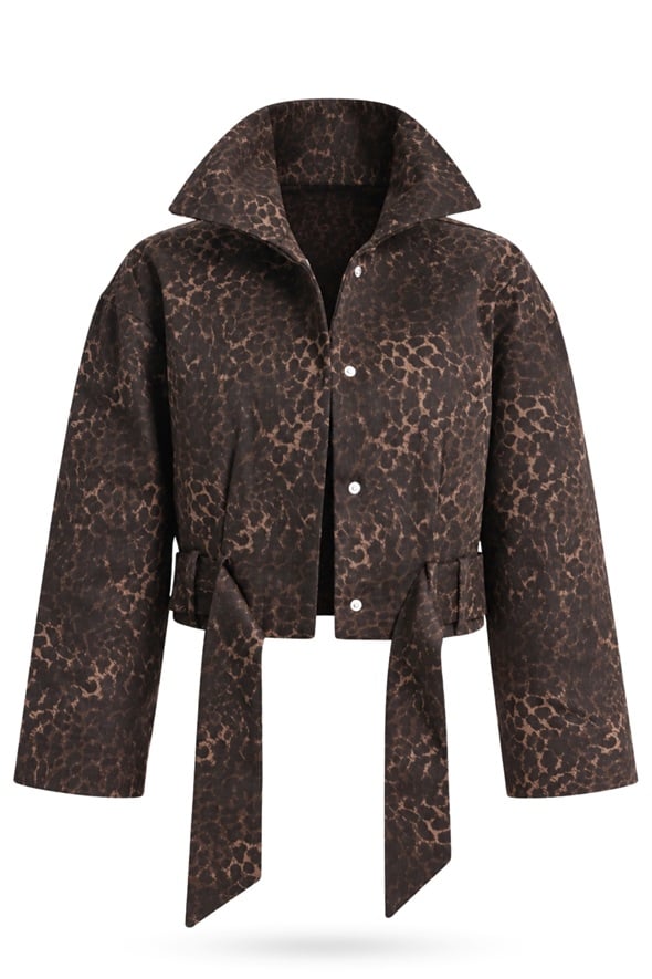 Kahverengi Kuşaklı Leopar Desen Gabardin Ceket 1436