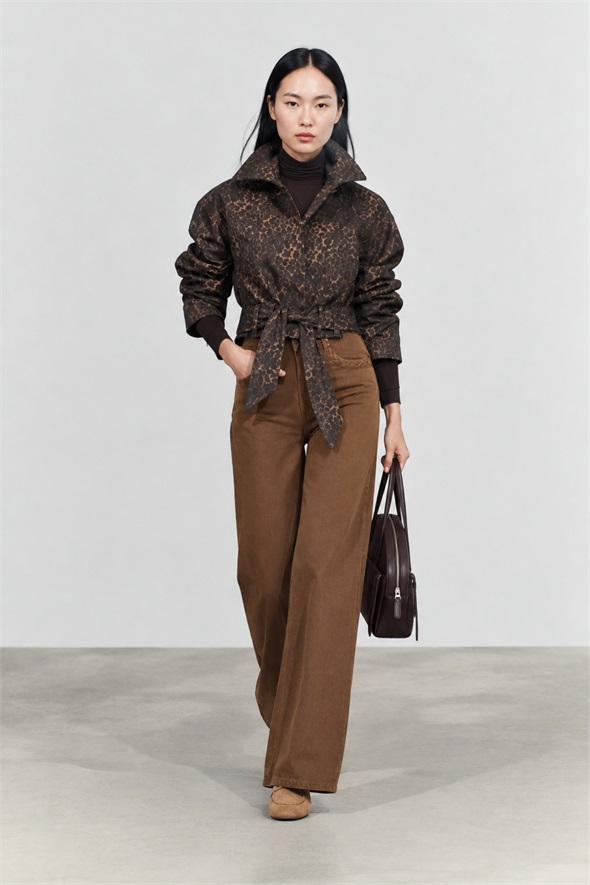 Kahverengi Kuşaklı Leopar Desen Gabardin Ceket 1436