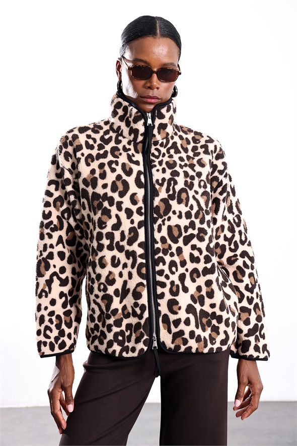 Kahverengi Leopar Desen Polar Ceket 23228
