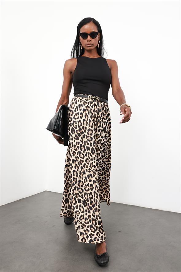 Kahverengi Leopar Maxi Saten Etek 50208