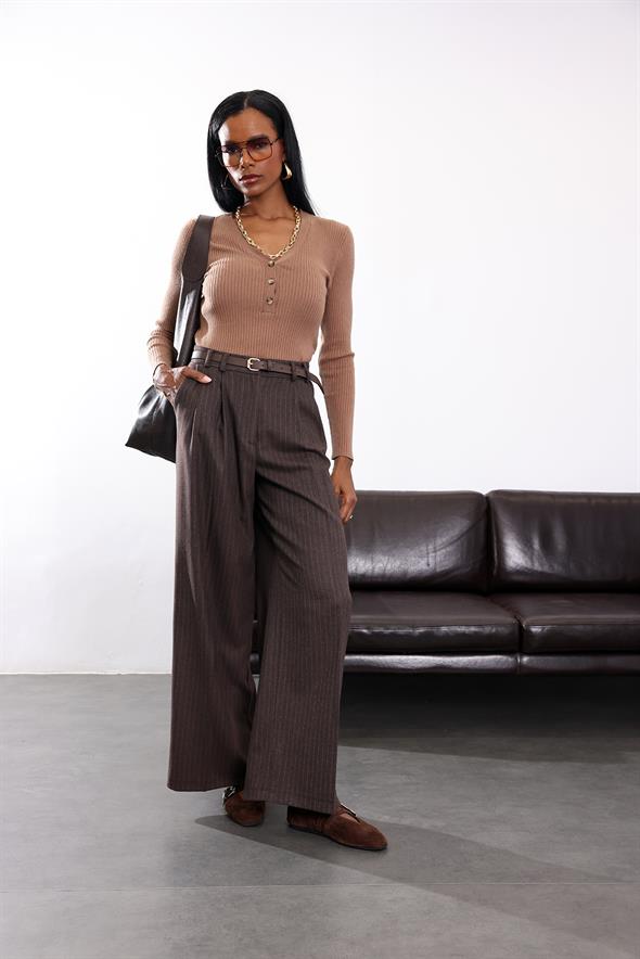 Kahverengi Maskülen Çizgili Pantolon 1599