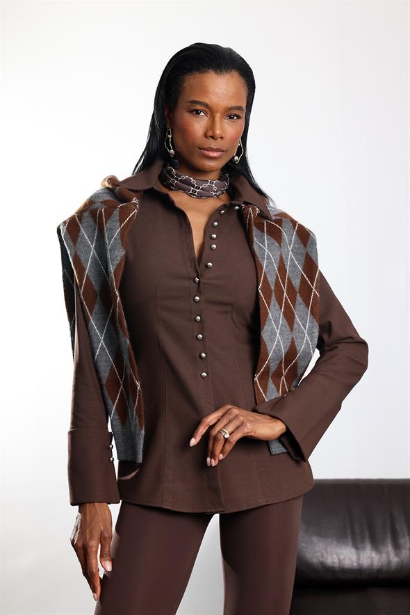 Kahverengi Metal Düğmeli Slim Fit Gömlek 1289