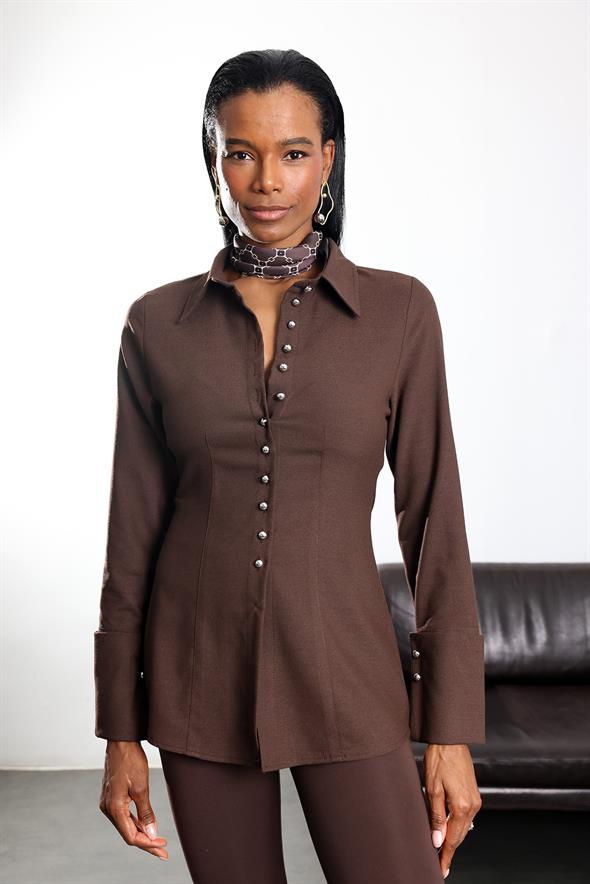 Kahverengi Metal Düğmeli Slim Fit Gömlek 1289