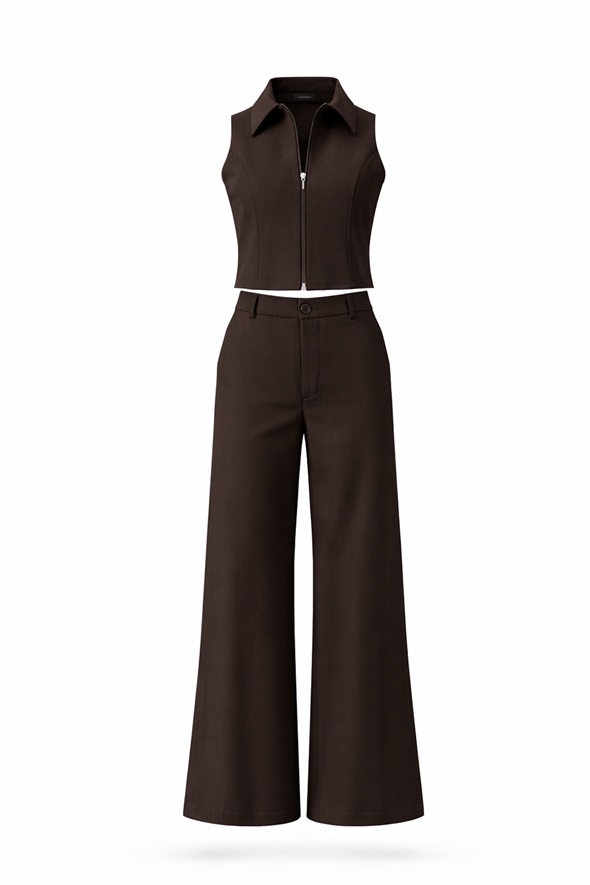 Kahverengi Polo Yaka Yelek Pantolon Takım 0882