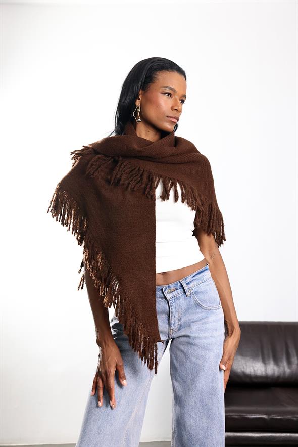 Kahverengi Püsküllü Üçgen Atkı 16004